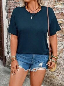 Breezaya Plus Size Women Spring/Summer Casual Romantic Suitable For Commuting Versatile T-Shirt - Navy Blue - View 3