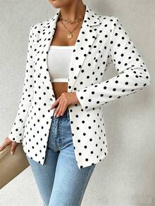 Eryvara Áo blazer nữ thời trang họa tiết chấm bi, cài một hàng khuy, cổ ve lật. - Đen và trắng - Xem 3