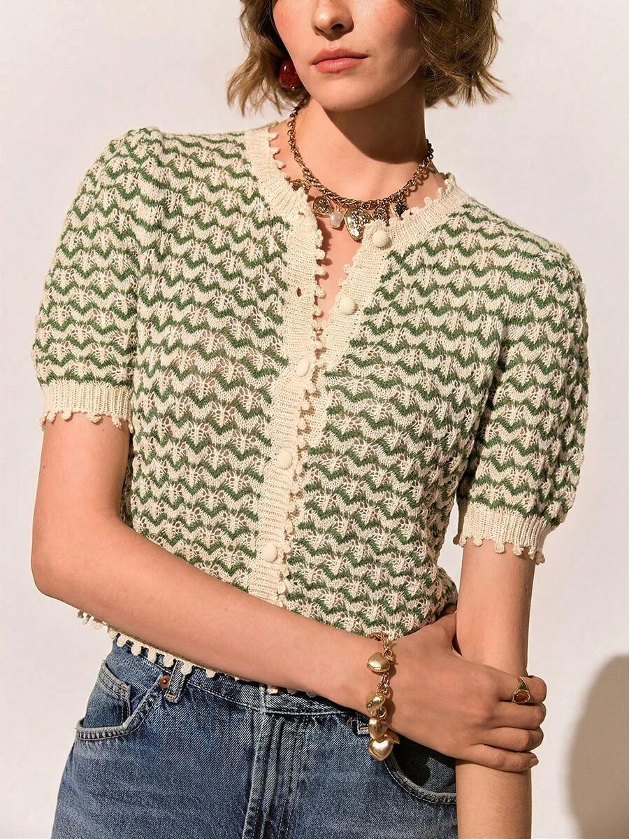 Poéselle 新款春夏法式复古条纹拼接提花镂空短袖针织女式上衣 - 綠色 - 查看 1
