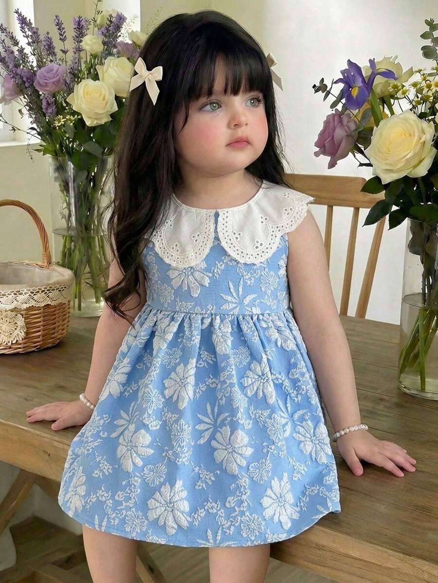 LMoss Kids Đầm casual không tay họa tiết hoa nhí cho bé gái, cổ Peter Pan. - Màu xanh lam - Xem 1