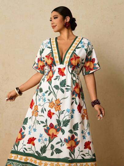 Travachic Vestido largo de mujer talla grande con estampado de plantas tropicales, vestido largo con estampado de loros, vestido largo suelto de manga corta y cuello en V