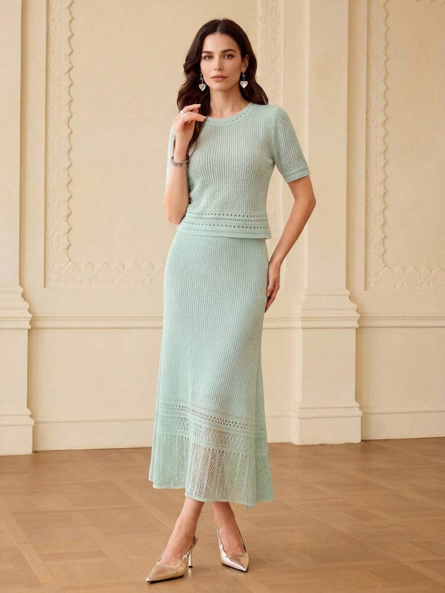 ZEYLAH 镂空针织短袖上衣和修身半裙套装 - 薄荷綠 - 查看 1