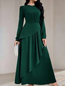 Veilorie Women's Solid Color Round Neck Long Sleeve Pleated Minimalist Casual Long Dress Long Evening Dresses - Dark Green - View 7