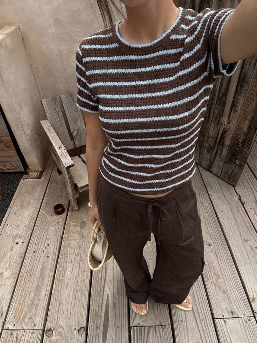 Serisse Women's Striped Crew Neck Short Sleeve Casual Versatile T-Shirt,Vintage Brown And Blue Striped Knit T-Shirt For Women, Summer New Slim Fit Short Sleeve Top, Versatile Commuting Casual Wear,Brown Top ,Casual Blouses For Women,Summer Tops - Multicolor - View 1