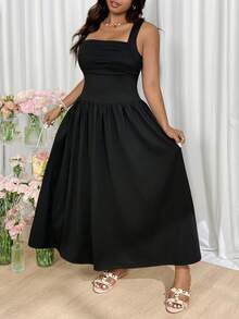 GalTyme Plus Size Women Solid Color Pleated Elegant Sleeveless Dress Blacktie Birthday For Black Ball - Black - View 1
