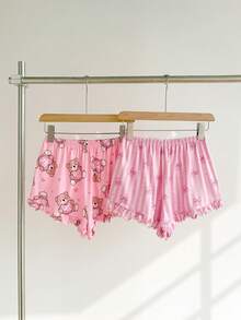 Women's Sweet Cute Cartoon Bear & Bow Striped Heart Print Ribbon Bow Ruffle 2-Piece Pajama Bottom Set - Multicolor - View 2