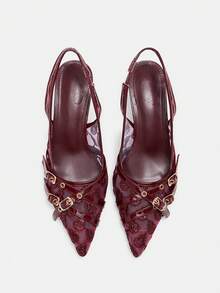 CUCCOO CURVES Wider Width Pointed Toe High Heel Elegant Black Satin Backstrap Sandals All Seasons Spring Shoes Spring Break Easter For Christmas Valentine's Day - Burgundy Lace - View 5