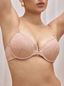 Bralution 夏季性感露背蕾丝文胸，带前扣，防下垂和聚拢效果，塑形和调整小胸部，一体式内衣 - 米色 - 查看 4