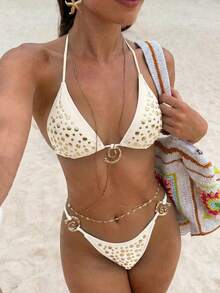 Swim SXY 2pcs Women's White Bikini Set Halter Neck Rhinestone Embellishment Metal Shell Decor 70s Retro Summer Holiday Party Summer Holiday Swimwear - White - View 4