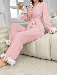 SHEIN 女士网纱拼接上衣和裤子休闲家居服套装 - 粉色 - 查看 4