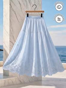 Modelyn 女士中长款松紧腰镂空刺绣半身裙，春夏款 - 淺藍色 - 查看 7