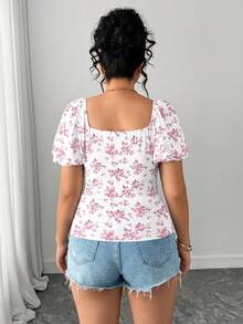 SHEIN Elenzya Plus Size Women Elegant Square Neck Printed Blouse T-Shirt, Spring/Summer - Pink - View 2