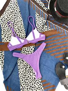 SHEIN Swim 夏季海灘質感加厚鋼圈高腰比基尼套裝 - 紫丁香色 - 查看 4