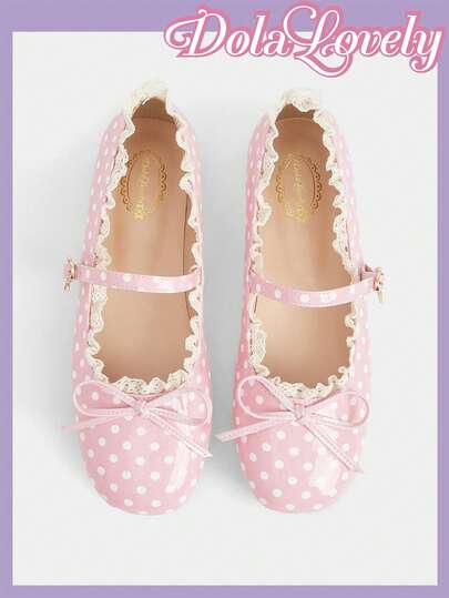 Dola Lovely Zapatos planos de mujer con puntera redonda, lunares rosas y encaje, con hebilla y lazo. Zapatos tipo Mary Jane de estilo Lolita, dulces y versátiles.