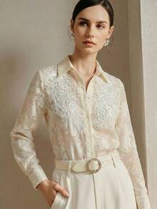 Spring/Summer New Delicate Floral Embroidery & Beaded Decoration Symmetrical Applique Women Long Sleeve Blouse - Beige - View 3