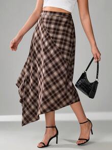 SHEIN Tall CURVE 大码休闲复古不对称下摆格子裙 - 棕色 - 查看 4