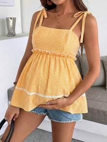 SHEIN Áo hai dây kẻ caro dáng rộng cho bà bầu mùa hè - Màu vàng - Xem 5