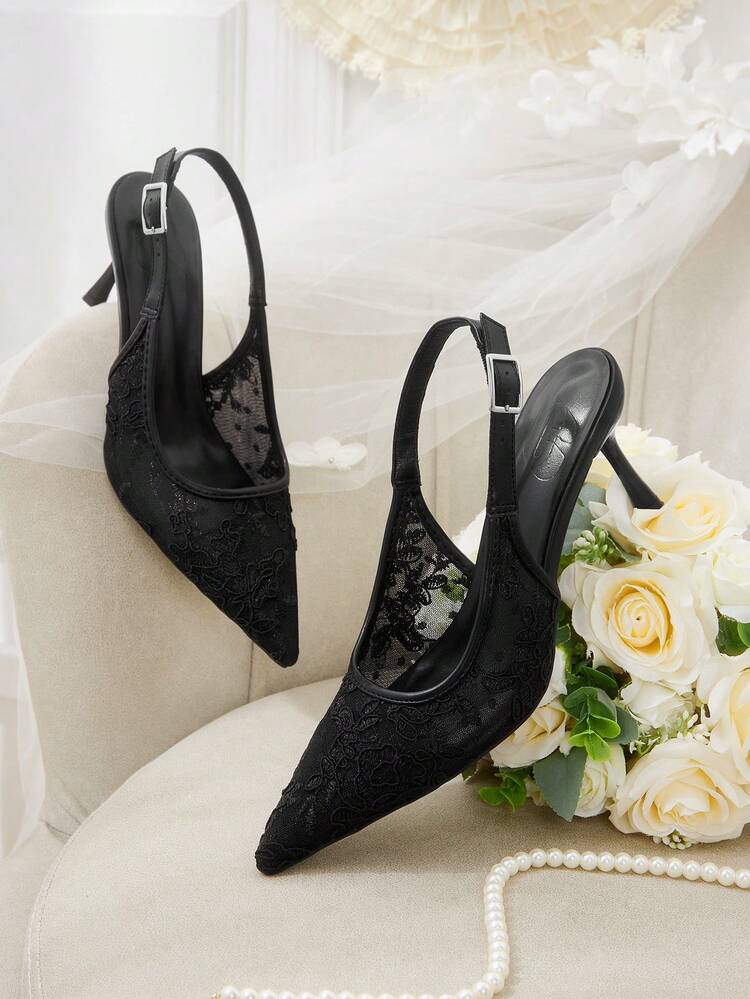 CUCCOO HITCHD Women Shoes Pointed Stiletto Black Lace Mesh Sexy And Comfortable Daily Versatile Women's High Heel Shoes Slingback Shoes Temperament Fashion Party Wedding Banquet Women's Shoes