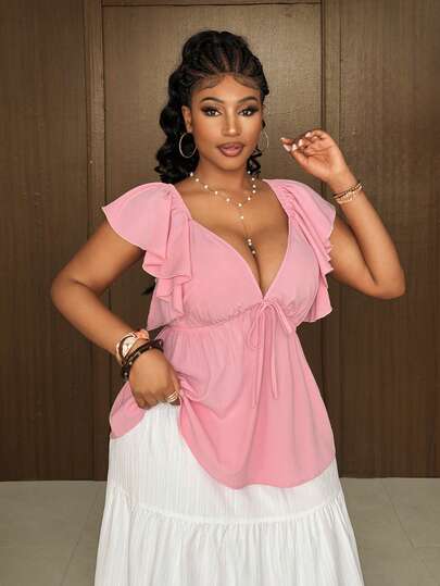 Maweii 大码V领优雅短袖衬衫