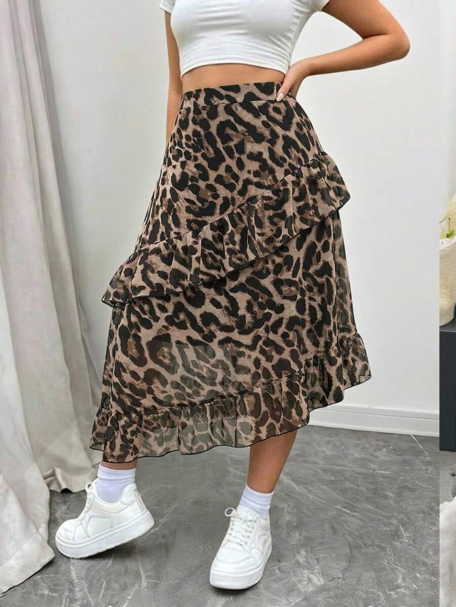 EMERY ROSE Plus Size Leopard Print Ruffle Hem Vacation Skirt - Multicolor - View 1