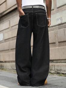 Manfinity EMRG Quần jeans ống rộng dáng suông sang trọng, thiết kế thời trang dành cho nam giới, đã qua xử lý giặt. - màu đen - Xem 2