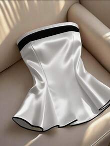 Selianne Elegant Sexy White Contrast Satin Bandeau Ruffle Hem Top, Summer Bar Party Golf Blouse, Wedding Guest, Formal Event, Daily Wear, Commute, Graduation - White - View 1