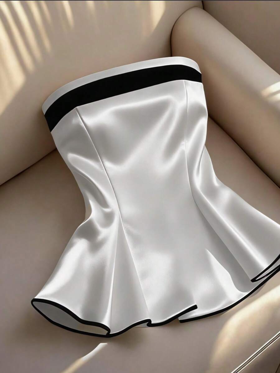 Selianne Elegant Sexy White Contrast Satin Bandeau Ruffle Hem Top, Summer Bar Party Golf Blouse, Wedding Guest, Formal Event, Daily Wear, Commute, Graduation - White - View 1