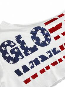 ROMWE Grunge Punk 女士不对称领口短款英文标语印花T恤 - 彩色 - 查看 2