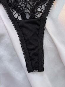 女士水钻拼接腰带刺绣网纱性感丁字裤 - 黑色 - 查看 10