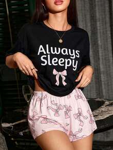 Teen Girl Sweet Casual White English Text & Pink Bow Print Top And Shorts Pajama Set - Multicolor - View 1