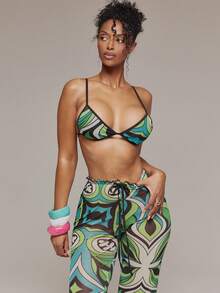 MUSERA Bộ đồ phối hợp gồm áo bra tam giác lưới in họa tiết và quần ống đứng, thích hợp cho mùa xuân hè, đi lễ hội Ibiza, nghỉ dưỡng, dễ thương, gợi cảm, phong cách Y2K, đi chơi đêm, câu lạc bộ, nhiệt đới, quyến rũ. - Nhiều màu - Xem 3