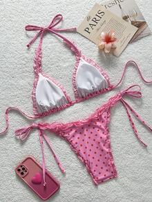 Swim Mod 2-Piece Floral Print Mesh Trim Halter Bikini Set, Sexy Swimwear Summer Picks Pink Bikini Ruffle Trim Bikini Tie Side Bikini Polka Dot Bikini - Pink - View 6
