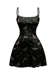 Spring Valentine's Day Vacation Black Gothic Goth Dark Forest Moth Butterfly Leaf Sun Moon Star Print Mini Dress, Green & Black - Black - View 1