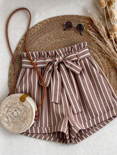Franclia Women's Khaki Striped Ruffle Cinched Waist Drawstring Cuffed Hem Shorts, Summer Casual Beach Shorts