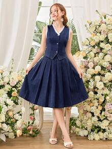 2pcs/Set Blue Denim Sleeveless Vest & Pleated Mini Skirt For Teenage Girls - Dark Wash - View 5