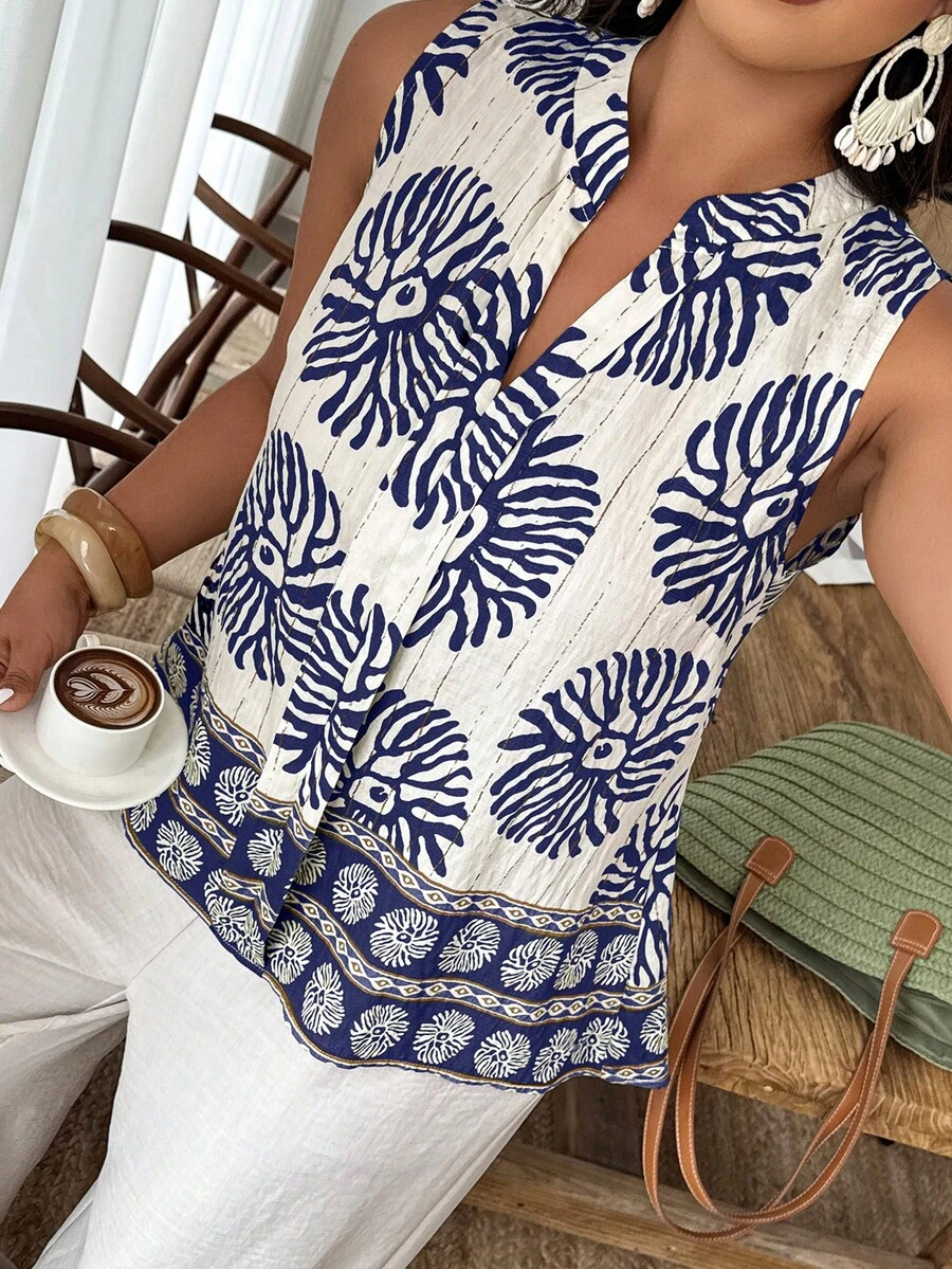Weeklong Plus Size Women's Casual Round Neck Sleeveless Random Print Shirt, Suitable For Vacation And Daily Wear, Spring/Summer - Multicolor - View 1