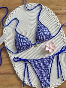 Swim Mod Bộ bikini tam giác buộc dây bên hông, chất liệu vải dệt họa tiết, dành cho nữ, thích hợp mặc đi biển/đồ bơi, dành cho mùa xuân/hè. - Màu xanh lam - Xem 3