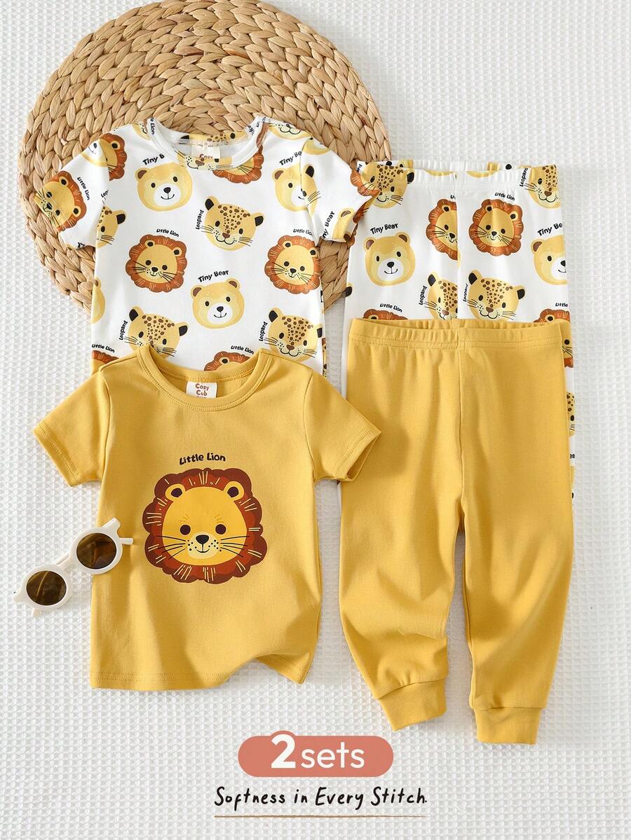Cozy Pixies 4件套男婴卡通动物印花柔软针织圆领短袖上衣和松紧腰裤贴身睡衣套装 - 黃色 - 查看 1