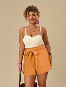 Travachic Plus Size Women Ruffle Waist Loose Orange Shorts Vacation Summer - Orange - View 3