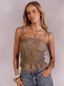 SHEIN Aralina-E Áo croptop ôm dáng, xếp ly, nhún bèo, thắt dây vai, thích hợp cho mùa hè, dành cho nữ, kiểu áo dễ thương. - Màu xanh lam - Xem 6