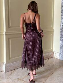 Serisse Đầm nữ mùa hè đi biển, họa tiết chấm bi, xếp ly ở phần ngực, xẻ tà, dây mảnh, dài đến đầu gối. - màu nâu - Xem 2