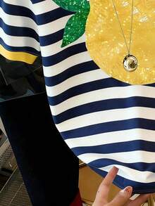Plus Size Women Round Neck Striped Fruit Pattern Casual Versatile Daily Wear Short Sleeve T-Shirt - Multicolor - View 3