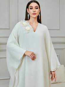 Al Najma Women's Chiffon Poncho With 3D Floral Decor, V-Neck, Loose And Slimming Long Cardigan - Beige - View 4