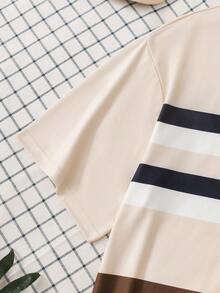 SHEIN 2件套青少年男童时尚休闲条纹印花短袖T恤和简约运动跑步短裤，适合多个季节穿着 - 彩色 - 查看 4