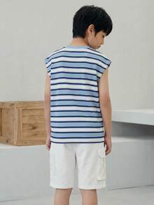 2件套儿童/青少年男童休闲韩版条纹印花连帽短袖卫衣和纯色短裤两件套，春夏套装 - 藍色 - 查看 4