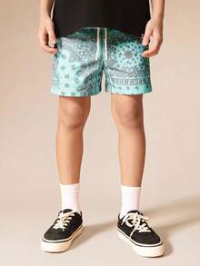 SUMWON Conjunto de verano informal de dos piezas con camiseta de manga corta con cuello redondo y estampado gráfico, y pantalones cortos con estampado de paisley para niños - Negro - Ver 4