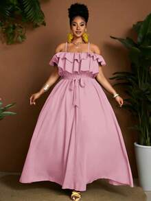 Maweii Plus Size Elegant Solid Color Ruffle Off-Shoulder Waist Tie Dress, Summer Holiday Dusty Pink - Pink - View 5