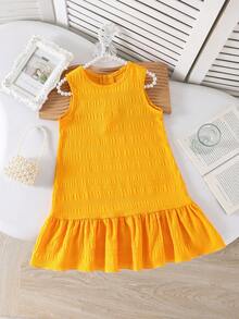 Young Girls' Fashionable Solid Color Cute Sleeveless Dress - Yellow - View 3