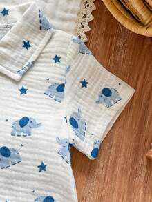SHEIN Vintaside Kids 男婴夏季休闲度假及日常穿着大象星星印花短袖衬衫短裤套装 - 藍色 - 查看 6