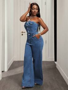 SHEIN Slayr Áo liền quần denim kiểu dáng thường ngày cài nút dành cho nữ, thích hợp cho kỳ nghỉ. - Rửa trung bình - Xem 6